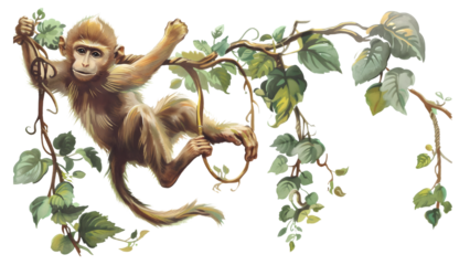 Illustration of monkey on a tree branch isolated on a transparent background, PNG, Ai