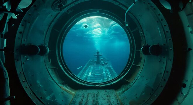 Carrier viewed through the periscope of a submarine, intriguing underwater perspective,