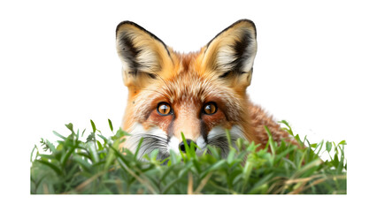 Fox behind grass isolated on a transparent background, PNG, Ai