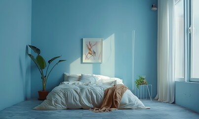 amazing bedroom minimal interior in light blue, homy decoration and beautiful serene light, very realistic and professional
