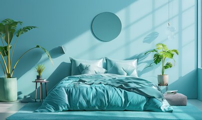 amazing bedroom minimal interior in light blue, homy decoration and beautiful serene light, very realistic and professional