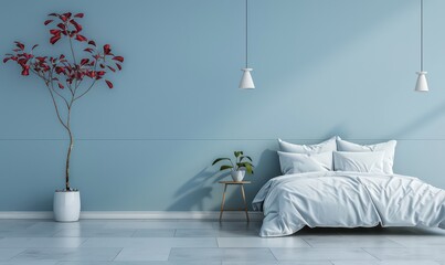amazing bedroom minimal interior in light blue, homy decoration and beautiful serene light, very realistic and professional