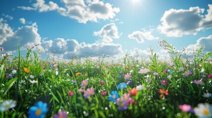 Obraz premium Photography-style images of lush meadows show bright green grass dotted with colorful wildflowers. Under the clear blue sky with fluffy white clouds The light emphasizes the freshness of spring.