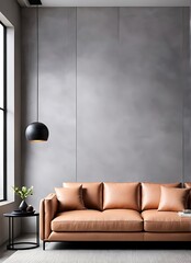  Peach fuzz trend color year 2024 in the premium livingroom. Painted mockup wall for art - microcement pastel beige taupe colour. Modern room design interior lounge. Accent apricot pillows. 3d render 