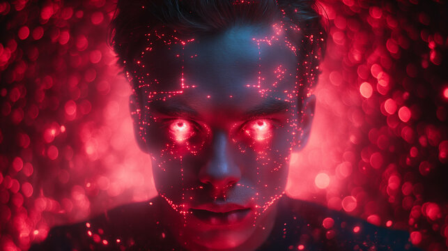 Close-up portrait digital patterns on skin, bokeh background. Ideal for tech, AI, and VR themes