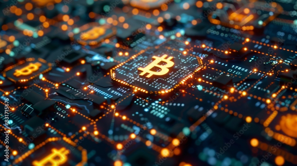 Poster an artistic representation of the merging of ai and blockchain elements creating a new financial lan