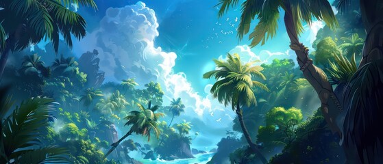 Obraz premium beautiful summer wallpaper with coconut trees and a blue sky in low-angle shot