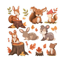 Fototapeta premium group of friendly forest animals gathering on a tree stump