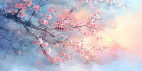 Delicate cherry blossom branch with pink flowers against a soft pastel sky creating a serene and dreamy springtime scene
