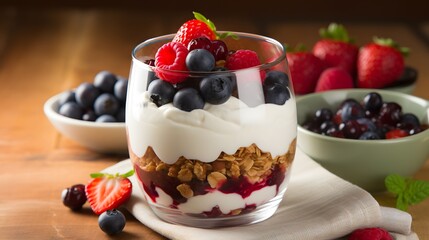 Berry Yogurt Parfait with Crunchy Granola and Fresh Berries