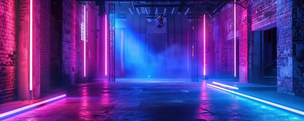 dark large studio warehouse in amazing neon blue and pink lights