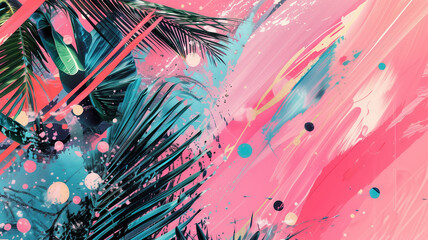 Fototapeta premium Tropical background with palm tree silhouettes. Conceptual background for summer travel and vacation. Neon Pink and cyan blue splashes tropical background with palm tree silhouettes and pattern.