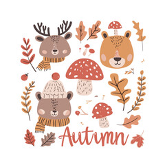 colorful illustration of a fall forest with animals and mushrooms