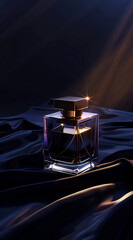 A luxury perfume bottle on an elegant surface, surrounded by an atmosphere of wealth. Perfume advertising theme for luxury brands with copy space for logo and text.