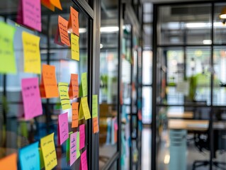 Colorful notes decorate sleek office glass wall