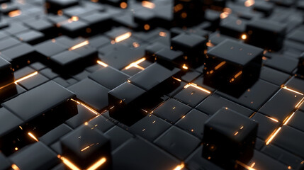 Obraz premium Luminous onyx black squares blend with abstract patterns for dynamic hi-tech visuals,