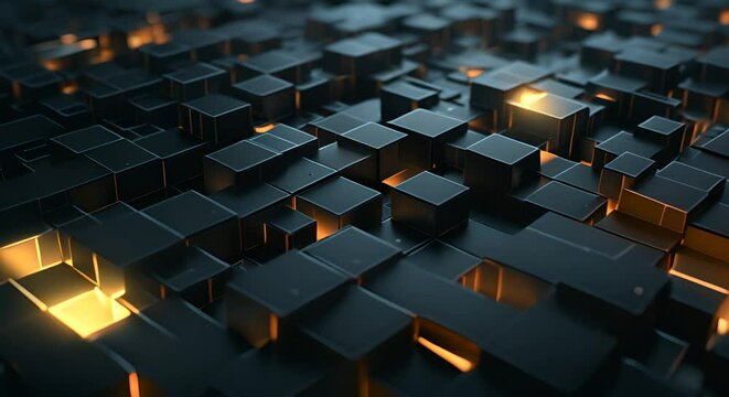 Minimalist 3D squares interlocking in a dark geometric encryption grid,
