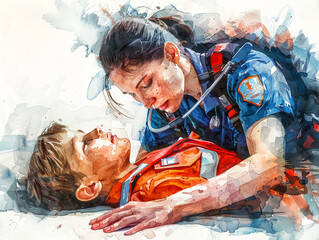 Paramedic performing CPR on a child, watercolor, white isolated background, detailed chest compressions, emergency response, focused expressions.