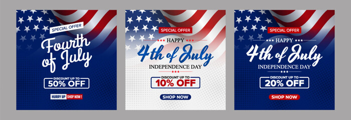 Happy 4th of July Sale template, set of abstract backgrounds waving USA flag background, fourth july sale, banner, posters, cover design templates, social media wallpaper stories