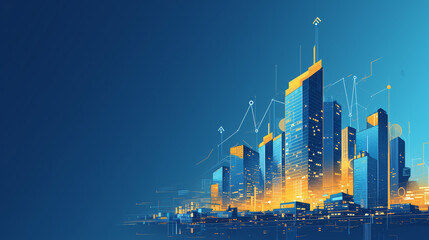 A contemporary business background featuring flat, abstract illustrations of buildings and financial symbols in a sophisticated color scheme, ideal for financial or real estate presentations