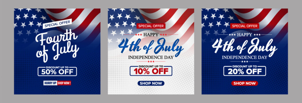Happy 4th of July Sale template, set of abstract backgrounds waving USA flag background, fourth july sale, banner, posters, cover design templates, social media wallpaper stories