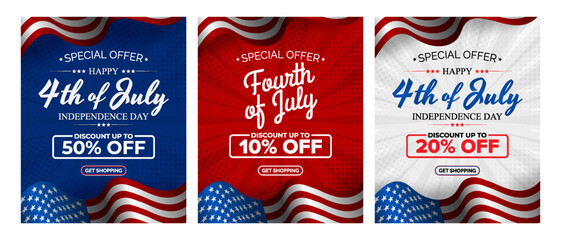 Happy 4th of July Sale template, set of abstract backgrounds waving USA flag background, fourth july sale, banner, posters, cover design templates, social media wallpaper stories