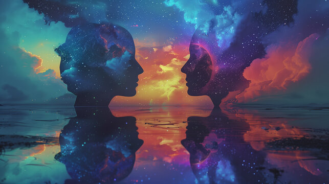 Surreal Cosmic Faces Reflected in Dreamlike Sunset Landscape

