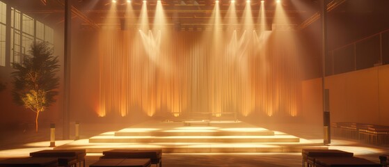 exhibition booth in a big space with fabric textiles hanging from the ceiling
