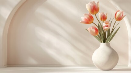 Minimalist digital illustration of pastel pink and orange tulips in an elegant white vase, framed by an arch-shaped border. tranquility and simplicity