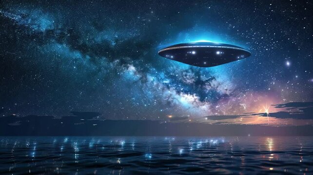 Ufo in night sky and ocean