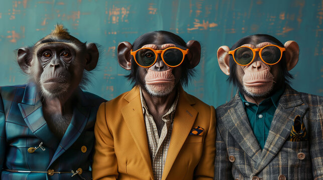 Fashion business suit monkeys wearing sunglasses on grungy background.