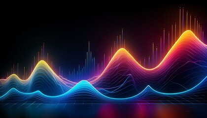 Stylized line graphs with sharp peaks and troughs, featuring vibrant neon colors on a matte 