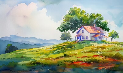 amazing watercolored illustration of a house on a hill with a tree, very artistic with beautiful colors and light