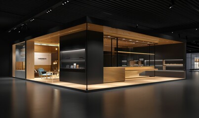 modern trade show both with dark colors and wood, very good lighting