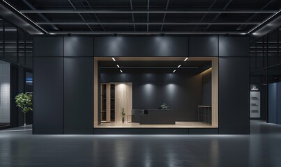 modern trade show both with dark colors and wood, very good lighting