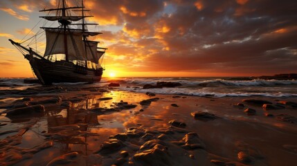 Ship sails on the ocean at sunset.