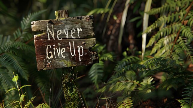 Weathered wooden sign in forest with "Never Give Up" message