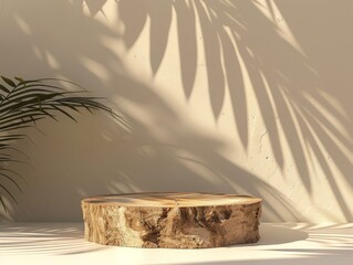 Wooden stump bathed in soft light, palm shadows dance