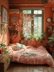 Bed and window and lot of plants.