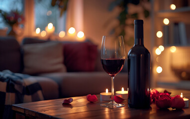 A bottle of red wine and a glass on the table opposite, a cozy living room with candles and rose petals, a comfortable sofa, evening time, romantic atmosphere at dinner