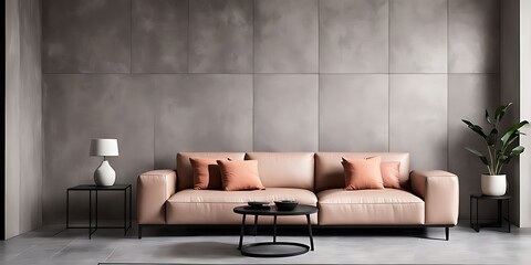  Peach fuzz trend color year 2024 in the premium livingroom. Painted mockup wall for art - microcement pastel beige taupe colour. Modern room design interior lounge. Accent apricot pillows. 3d render 