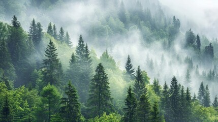 Misty Forest Morning in the Mountains Atmospheric Moisture Rising among Pine and Spruce Trees