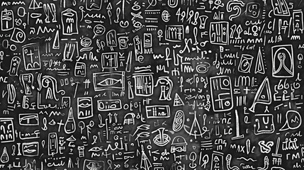 Black and white hand-drawn doodles showcasing ancient manuscript scripts,