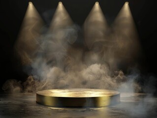 Mysterious fog envelops the spotlighted stage in anticipation