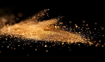 gold particles floating and shining on a black background 