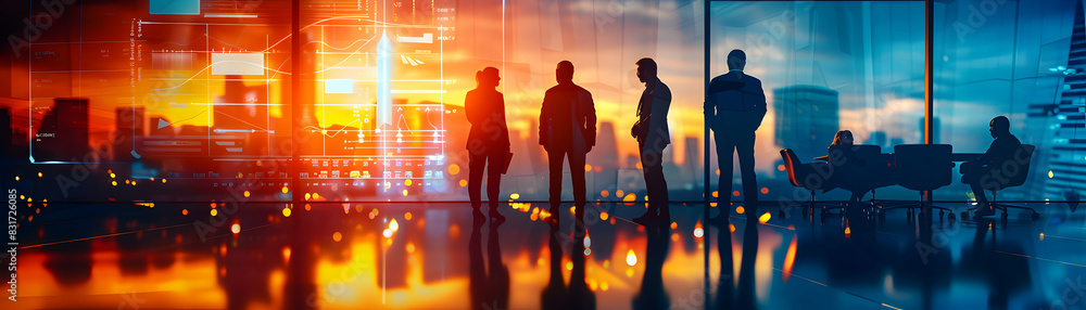 Poster photo realistic image of a business team in a strategy session with a glossy backdrop highlighting p