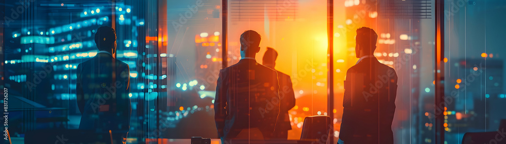 Poster high resolution image of a business team in a tense atmosphere reviewing emergency plans, emphasizin