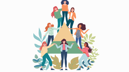  Women forming a human pyramid to achieve goals, teamwork and collaboration leading to success, female colleagues supporting each other to reach the stars and win in a competitive environment.