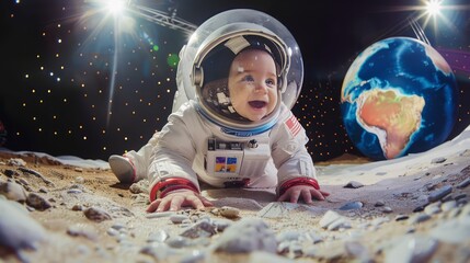 Naklejka premium Baby wearing an astronaut suit sitting on the moon smiling happily, AI-generated image