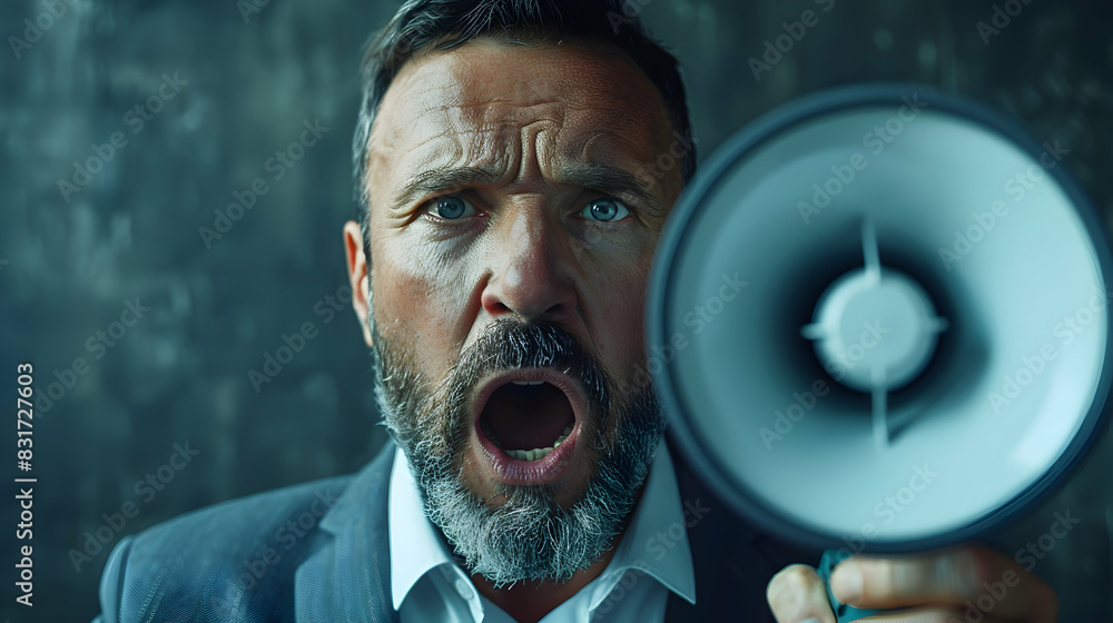 Poster photo realistic ceo making emergency announcement with serious expression emphasizing high stakes an